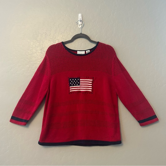 Croft & Barrow red american flag embroidered crochet 3/4 sleeve sweater size XL - Picture 1 of 16